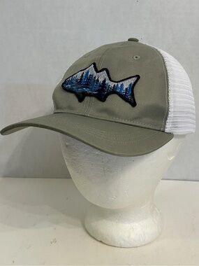 Telluride Clothing Co Snapback Hat Cap Mesh Beige Blue Fish Forest Logo Patch